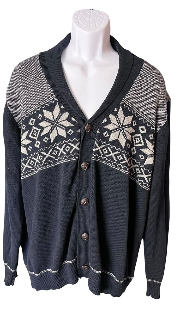 Weatherproof Vintage Mens Cardigan XL Sweater Fair Isle Snowflake Shawl Collar